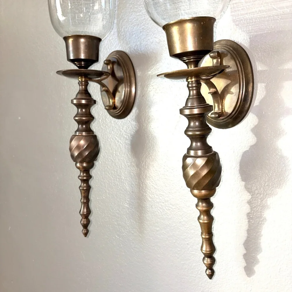 Pair of Vtg Antique Brass Hurricane Wall Sconces with Clear Glass Shades 18in